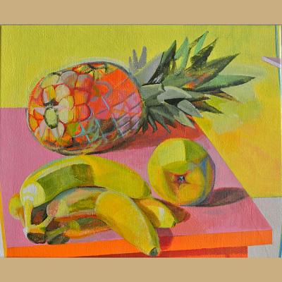 Pineapple apple blue banana <p>Acrylique sur toile, cm 38 x 46<br class='autobr' />
2015</p>
